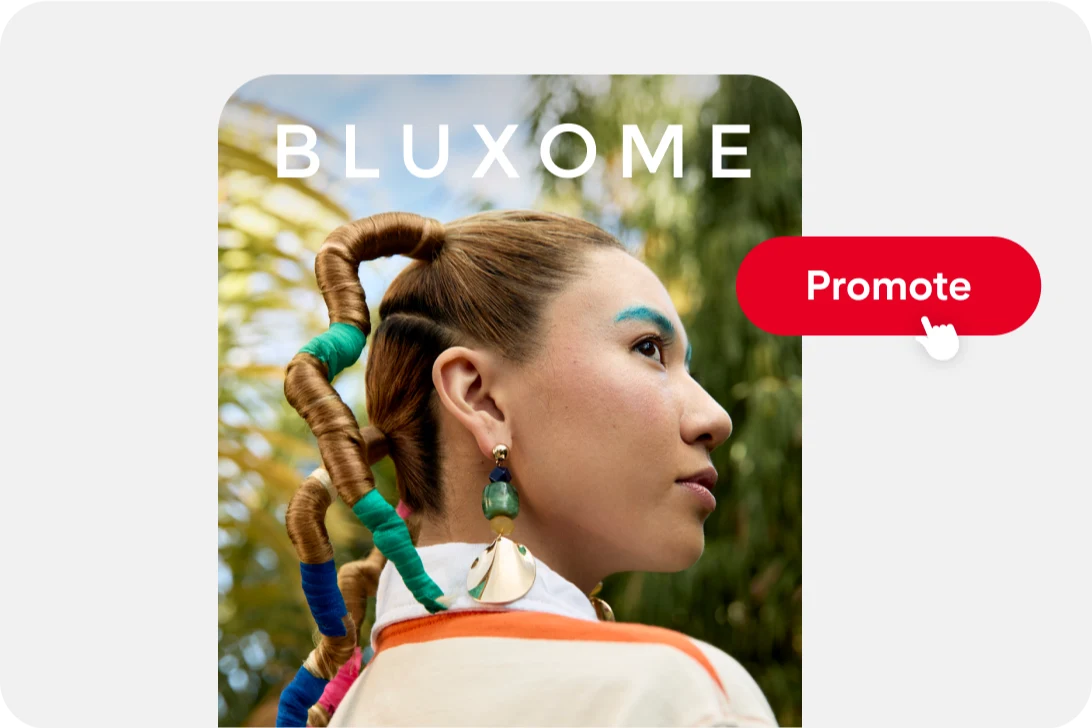 A company called “Bluxome” features a woman wearing bold accessories, next to a “Promote” button