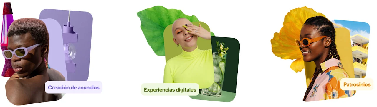 Tres collages muestran los servicios clave de Pinterest Brand Studio con diferentes colores, fondos y objetos estéticos