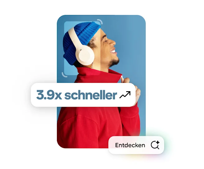 A Pin showing a man wearing a blue hat and white headphones. The words “3.9X faster” and “explore” also appear overlaid.
