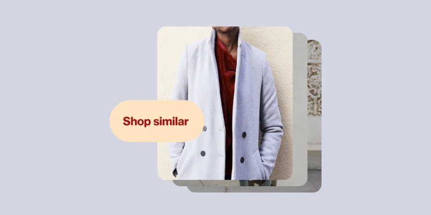 Three Pins stacked on top of each other, the top Pin features a Black man in a light blue blazer posed to camera, a “Shop similar” button sits to the left.