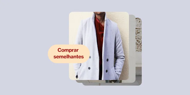 Três Pins sobrepostos: o que está em evidência mostra um homem negro usando um blazer azul-claro posando para a câmera, com um botão "Comprar semelhantes" à esquerda.