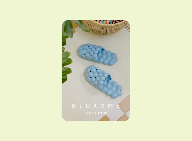 Advertisement featuring blue bubble slippers on a floor with a ‘Shop now’ call-to-action text overlay.