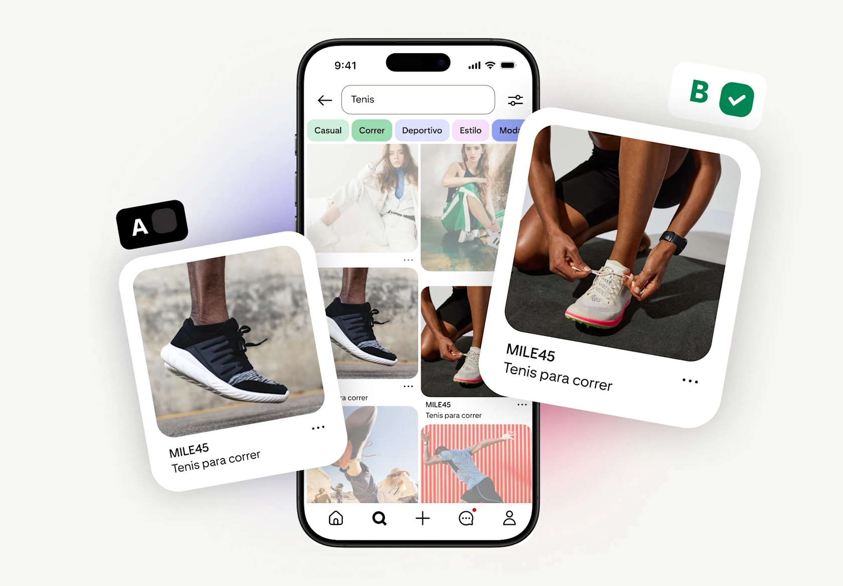 Prueba A/B de Pines de tenis para correr MILE45 en Pinterest. El Pin A tenía tenis negros; el Pin B, el ganador, tenía a una persona amarrándose unos tenis blancos. Un celular mostraba resultados de búsqueda en Pinterest de “tenis”.