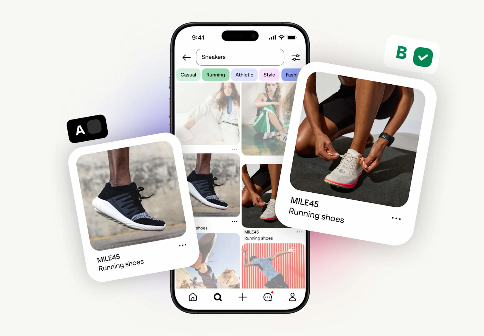 A/B test of MILE45 Running shoes Pins on Pinterest. Pin A shows black sneakers; Pin B, the winner, shows someone lacing white sneakers. A mobile phone displays Pinterest search results for 'Sneakers.'
