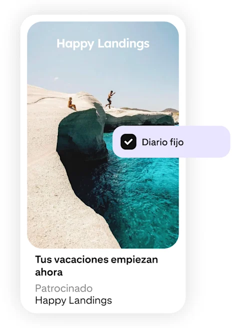 Un anuncio de viajes en el que se muestra una costa rocosa con aguas azules cristalinas bajo un cielo soleado.