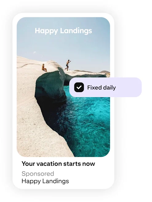 A travel ad features a rocky coastline with crystal-clear blue water under a sunny sky