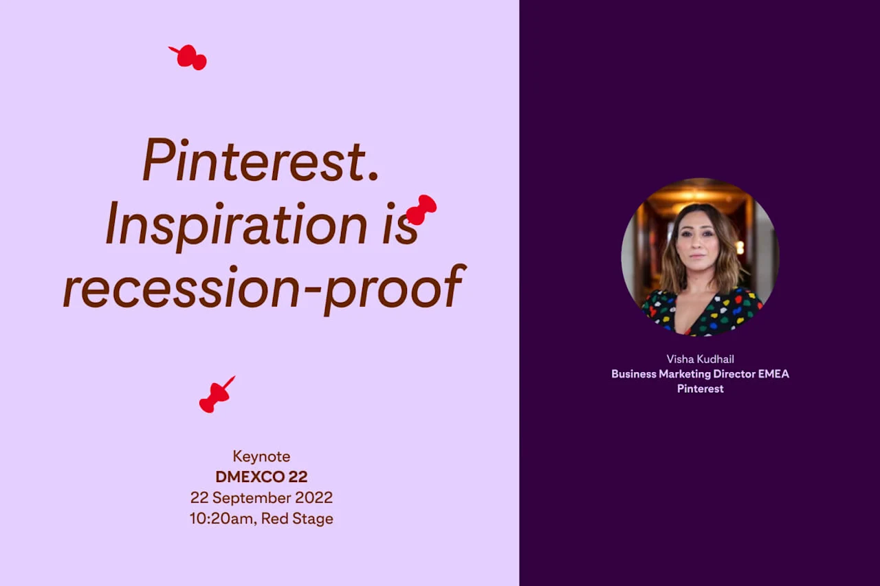 Image advertising the Pinterest at DMEXCO 2022 presentation, titled "Inspiration is recession-proof with Visha Kudhail"