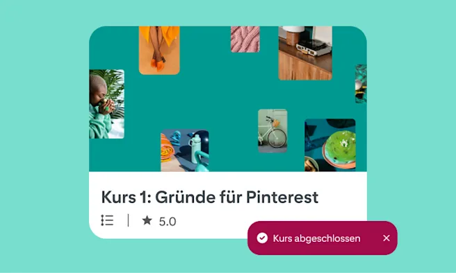 Informationen zu einem Kurs auf Pinterest, einschließlich Pin-Bildern, einer 5-Sterne-Bewertung und einer violetten Box, die den Kurs als „Abgeschlossen“ kennzeichnet.