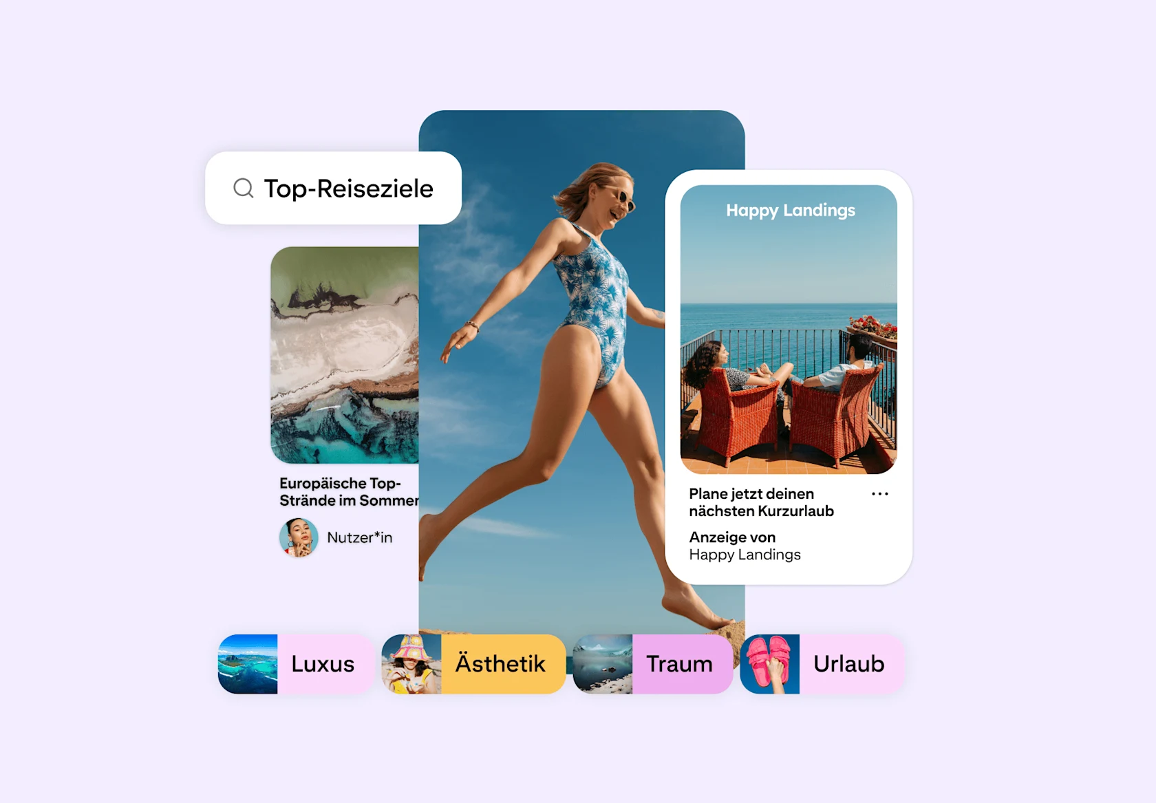 Beispiel einer Pinterest-Oberfläche mit Reise-Inspirationen: Suche nach „Top-Reiseziele“, beworbener Pin und Filter für Luxus, Ästhetik, Traum und Urlaub.