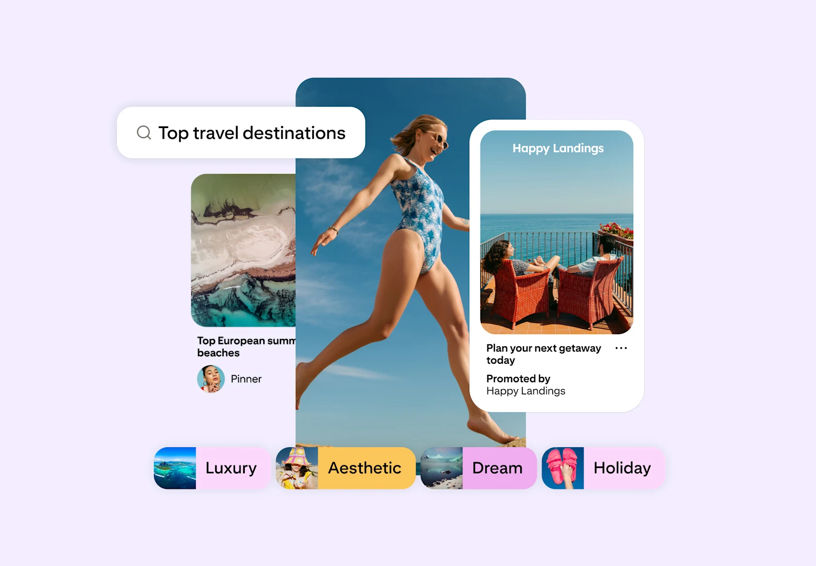 Mock Pinterest interface showing travel inspiration: a search for “top travel destinations”, a promoted Pin and filters for luxury, aesthetic, dream and holiday.