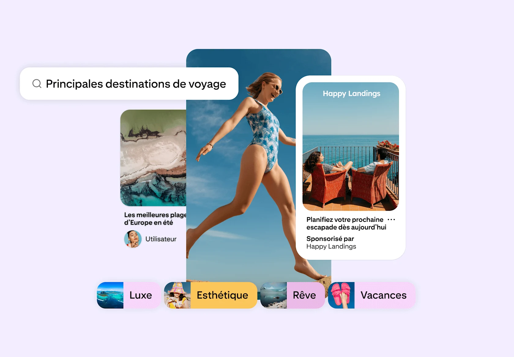 Interface Pinterest fictive présentant des idées de voyage : recherche des « principales destinations de voyage », Épingle sponsorisée et filtres pour le luxe, l’esthétique, le rêve et les vacances.