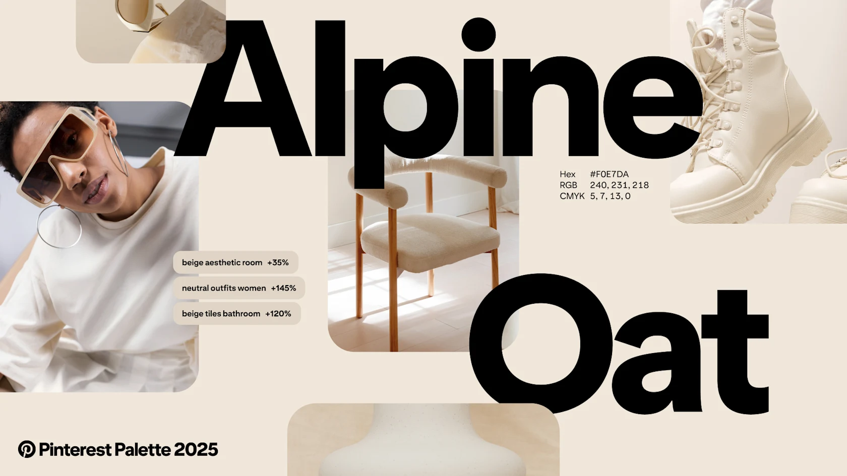 Pins, search terms and colour values help to illustrate the Alpine Oat colour.