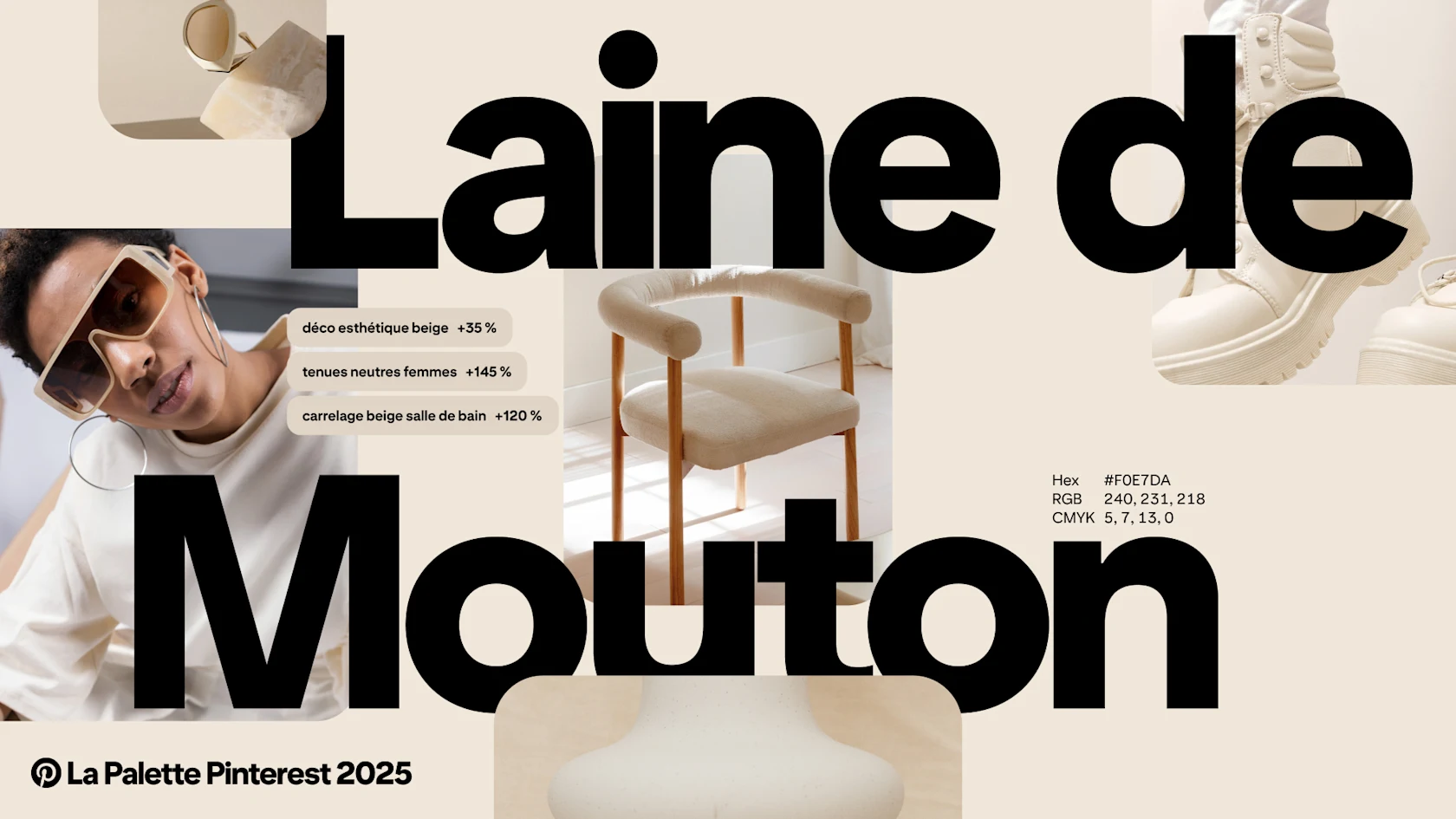 Épingles, termes de recherche et valeurs chromatiques aidant à illustrer la couleur laine de mouton.