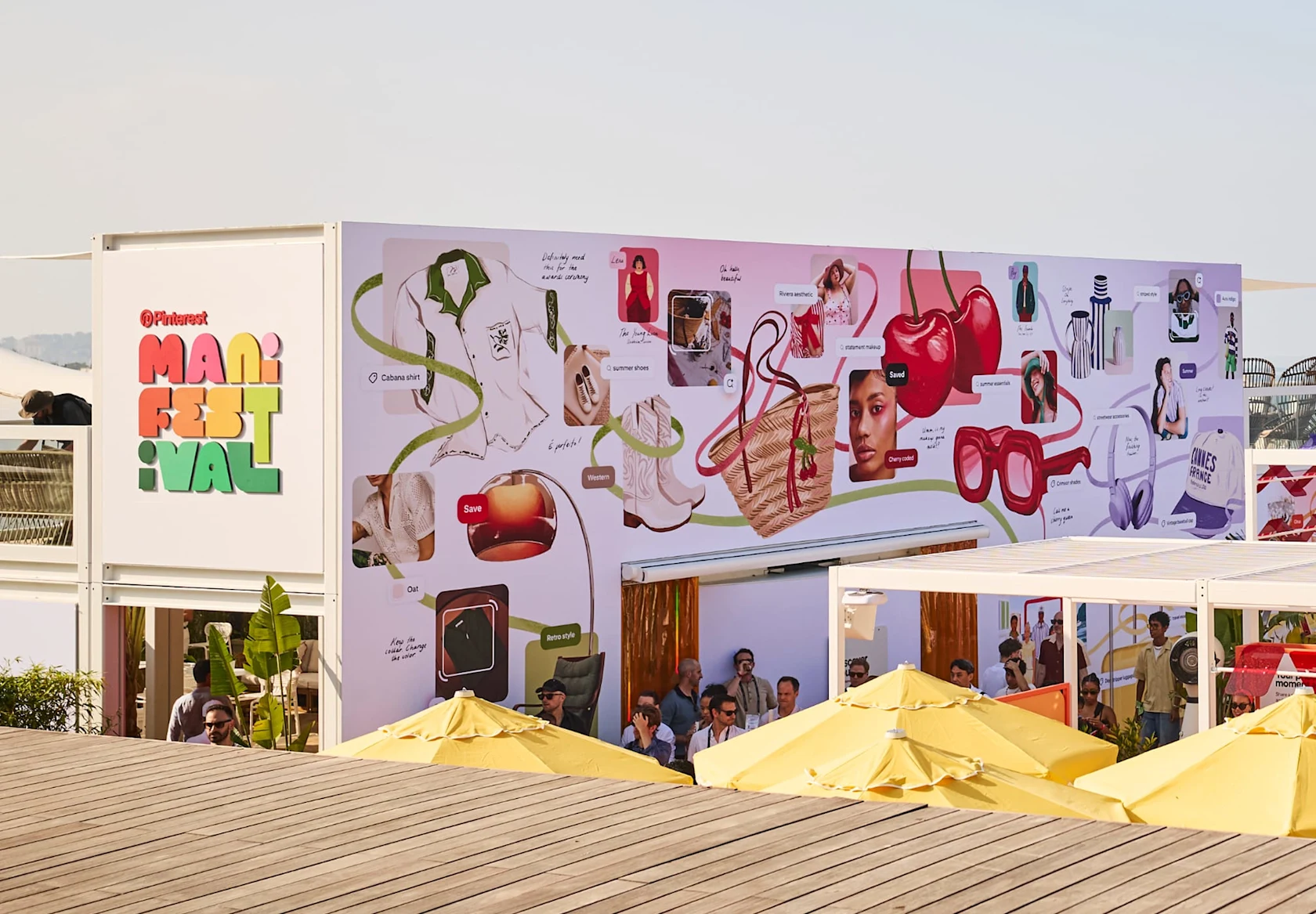 A photo shows the Pinterest space at Cannes Lions, with a visual search mural taking centre stage. The mural shows different people discovering new products on Pinterest.