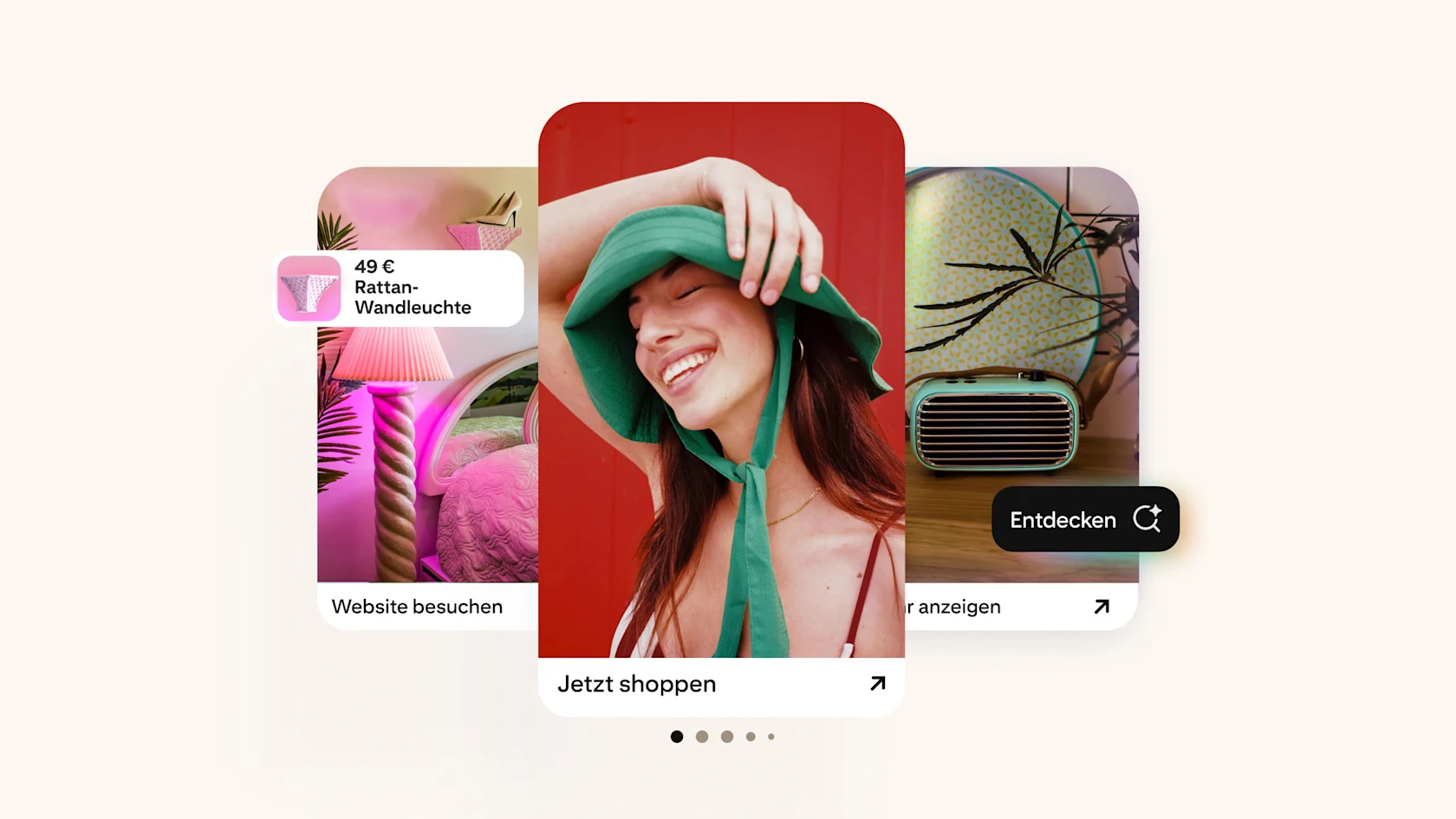 Farbenfrohe Pinterest-Anzeigen mit fröhlicher Frau in grünem Hut, stylischer rosa Rattan-Wandleuchte mit Preisschild und blaugrünem Retro-Radio, die zeigen, wie einfach und inspirierend es ist, auf Pinterest einen erfolgreichen Shop einzurichten.