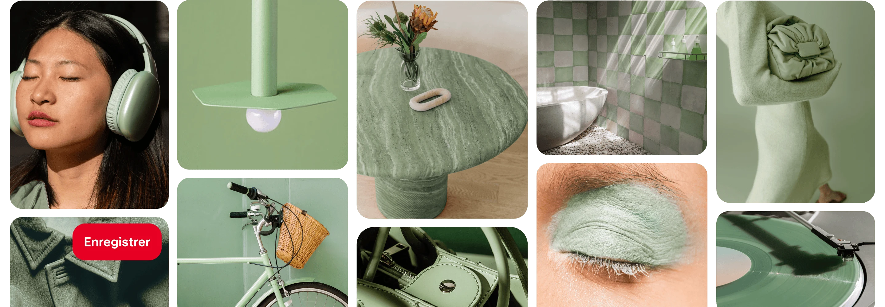 Une grille d’Épingles montrant différents articles de couleur Vert sauge : un casque, une veste, une lampe, un vélo, une table, un sac à main, du carrelage de salle de bain, du fard à paupières, un disque et une personne en robe.