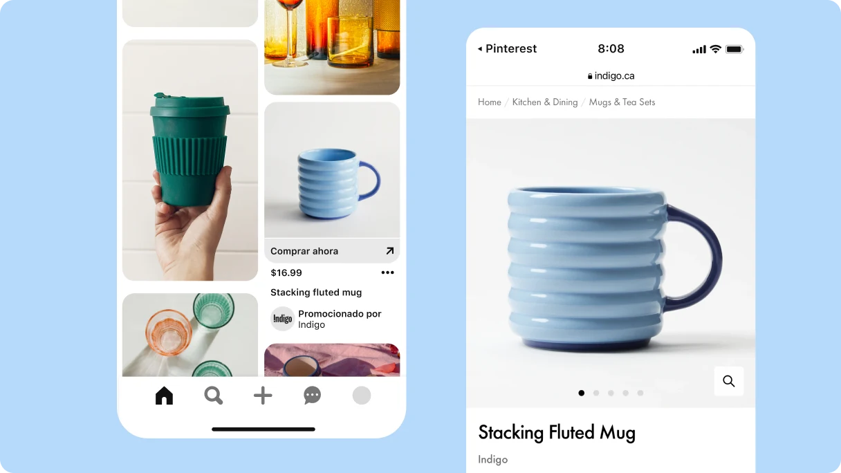 Two mobile phone screens, the first featuring an ad on Pinterest for a blue coffee mug. The second screen shows the clickthrough site where you can buy the mug.