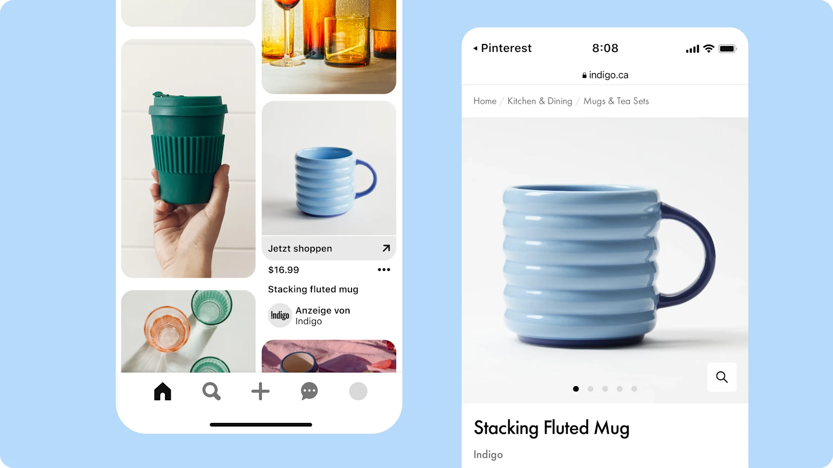 Two mobile phone screens, the first featuring an ad on Pinterest for a blue coffee mug. The second screen shows the clickthrough site where you can buy the mug.
