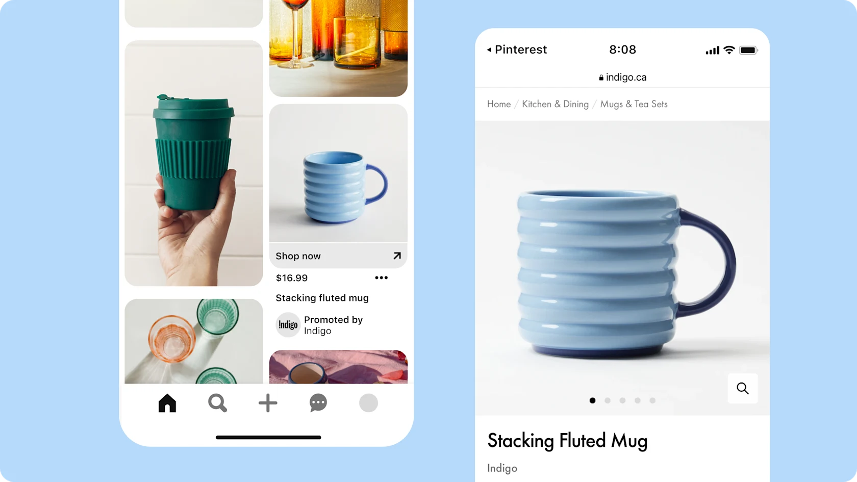 Two mobile phone screens, the first featuring an ad on Pinterest for a blue coffee mug. The second screen shows the clickthrough site where you can buy the mug.