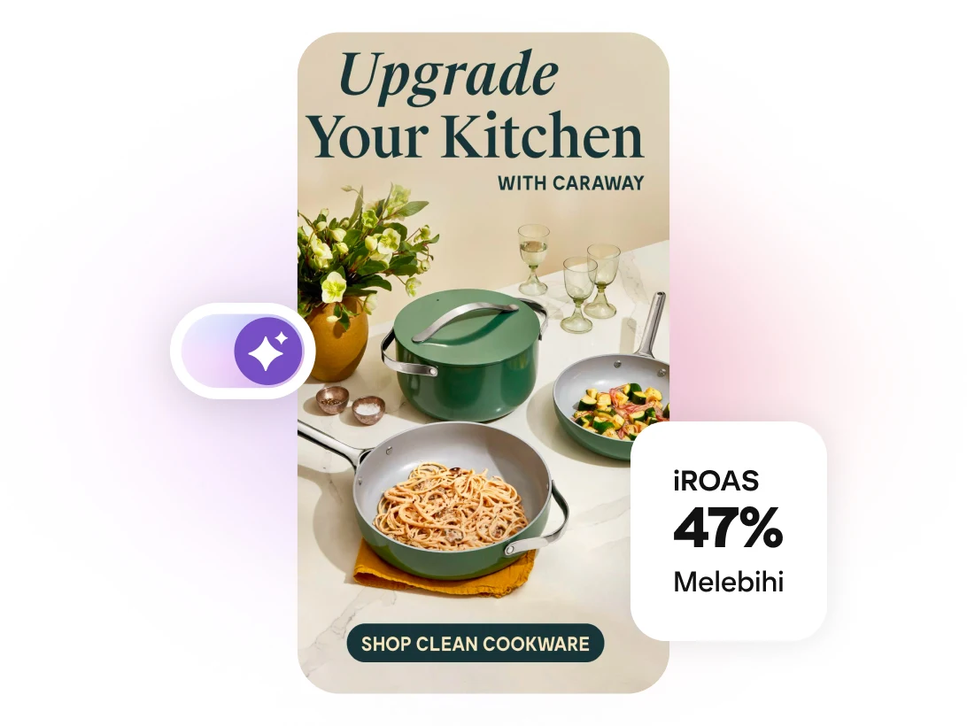 Peralatan memasak hijau dengan tindanan Naik Taraf Dapur Anda bersama Caraway, label ROAS 47% melebihi matlamat dan lencana dikuasakan AI berwarna ungu