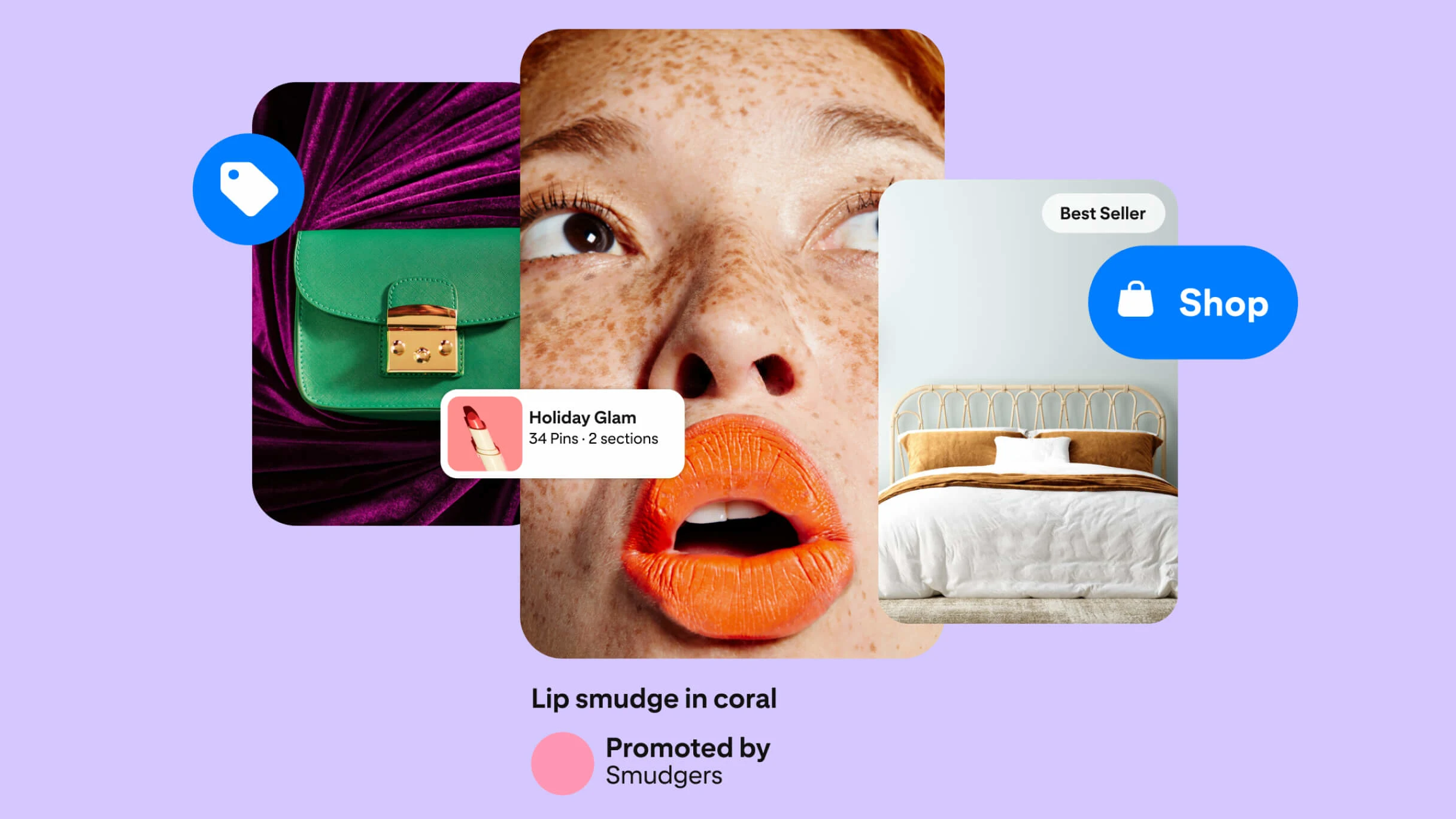 3 mock shopping ads on Pinterest featuring a green handbag, coral lipstick and neutral bedding
