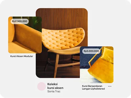 Iklan koleksi menampilkan beberapa kursi kuning, dengan info harga.