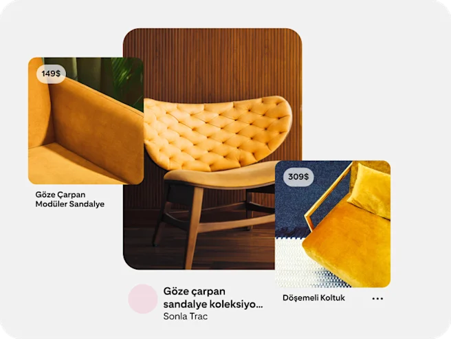 Bir koleksiyon reklamında, fiyat hakkında bilgi içeren birden fazla sarı koltuk gösteriliyor.