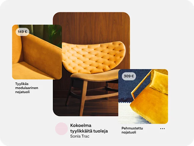 Kokoelmamainos, jossa on useita keltaisia tuoleja ja hintatiedot.