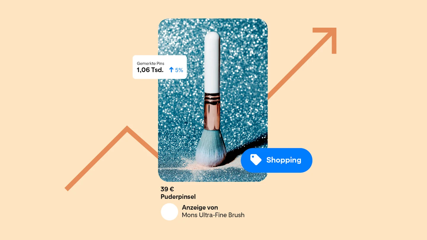 Ein Pin für einen blauen Foundation-Pinsel. Der Pin steht auf einem orangenen Hintergrund mit einem Pfeil, der Wachstum symbolisiert. Es gibt einen „Kaufen“-Button sowie einen Button, der anzeigt, wie oft sich Nutzer*innen den Pin gemerkt haben.