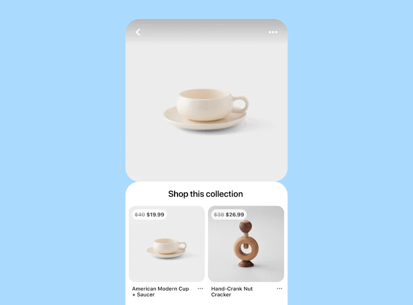 Collection Pin showing a white cup and saucer above two images of the cup and saucer and hand-crank nut cracker, including product details