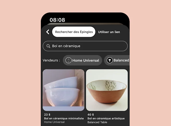 Vue mobile sur fond sombre montrant les résultats de recherche pour « bol en céramique » avec deux bols blancs et un bol marron décoré de fleurs à l'intérieur