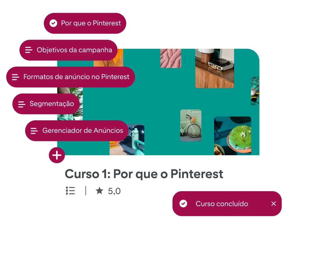 Uma versão simplificada da tela do curso do Pinterest Academy, chamado “Curso 1: Por que o Pinterest”, com 6 balões de texto dispostos verticalmente no lado esquerdo, mostrando as diferentes lições do curso.  