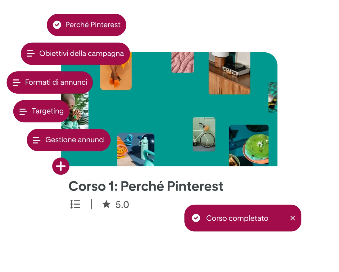 Una versione semplificata della schermata del corso Pinterest Academy intitolata "Corso 1: Perché scegliere Pinterest" con 6 fumetti allineati sul lato sinistro, tutti con lezioni diverse del corso.  