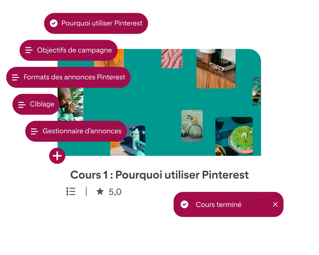 Version simplifiée de l’écran du cours de la Pinterest Academy intitulé « Cours 1 : Pourquoi utiliser Pinterest » avec 6 bulles de texte le long du côté gauche, contenant le titre des différentes leçons du cours.  