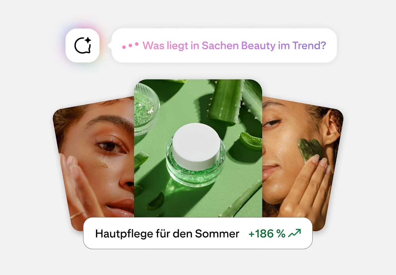 Trend-Insight-Karte in Pinterest Business Assistant, die „Hautpflege für den Sommer +186 %“ hervorhebt, mit Bildern einer Gesichtsmaske und eines Glases mit einem Hautpflege-Produkt vor grünem Hintergrund.