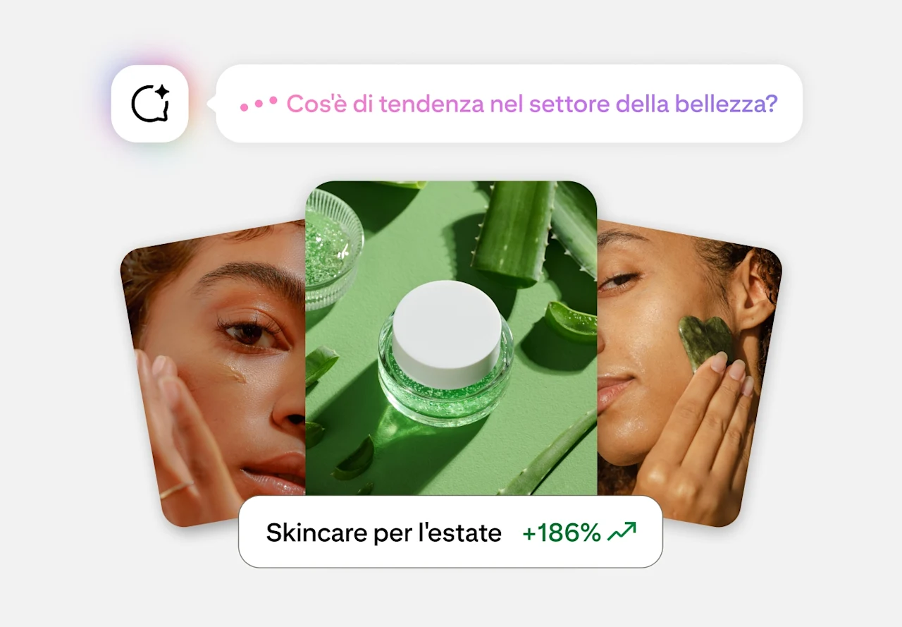 Scheda di analisi delle tendenze di Pinterest Business Assistant che evidenzia "Cura della pelle in estate +186%" con immagini di una maschera per il viso e un vasetto di prodotti per la cura della pelle su sfondo verde.