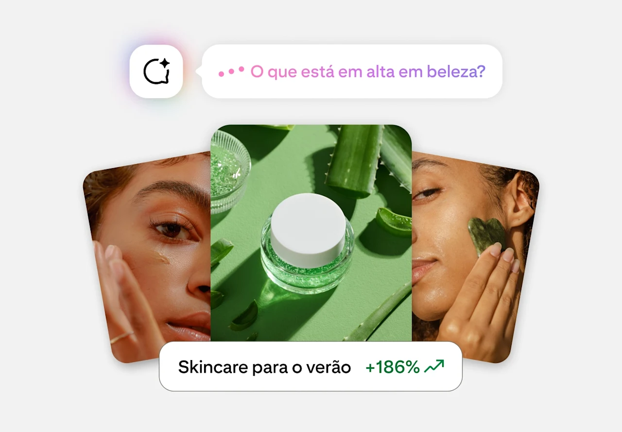 Cartão de insights de tendências do Pinterest Business Assistant destacando “Cuidados com a pele no verão +186%”, com imagens de uma máscara facial e um pote de creme sobre fundo verde.
