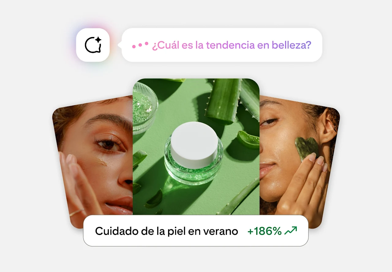 Tarjeta de insights de tendencias de Pinterest Business Assistant que destaca “Cuidado de la piel en verano +186%”, con imágenes de una mascarilla facial y un frasco de crema sobre un fondo verde.