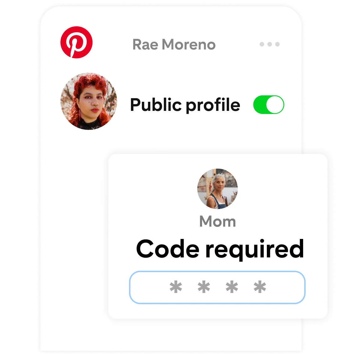 Rae Moreno's Pinterest settings page, where "Public profile" is now toggled on but requires a parent to enter a code to confirm the change.