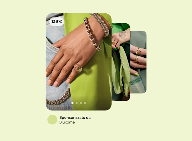 Tre annunci sovrapposti che pubblicizzano accessori Bluxome su sfondo verde; ciascuno mostra accessori moda diversi.