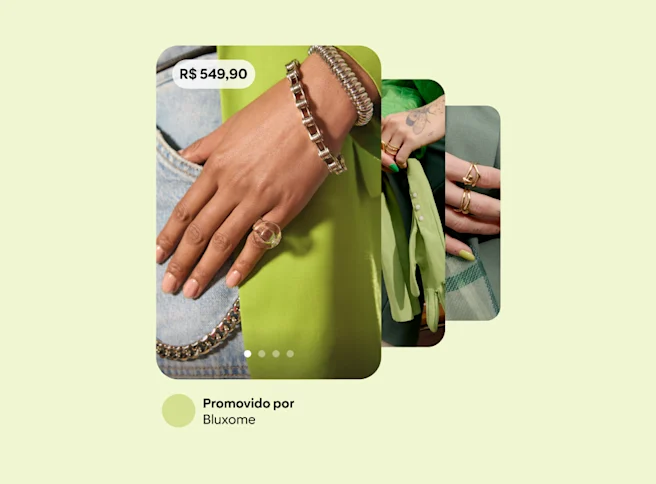 Três anúncios em cascata da Bluxome exibidos em um fundo verde, cada um apresentando diferentes acessórios de moda.<br />