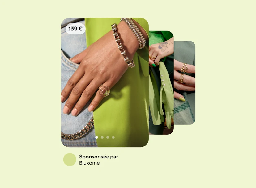 Trois publicités pour des accessoires Bluxome qui se chevauchent sur un fond vert. Chacune d’entre elles montre un accessoire différent.