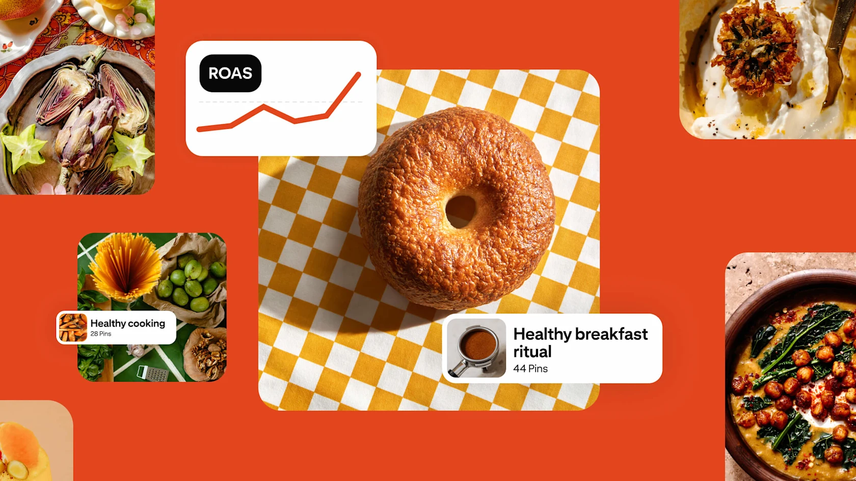 Collage on an orange background featuring a bagel on a yellow-and-white checkered cloth, food photography, and Pinterest-style labels reading “ROAS,” “Healthy cooking,” and “Healthy breakfast ritual.”