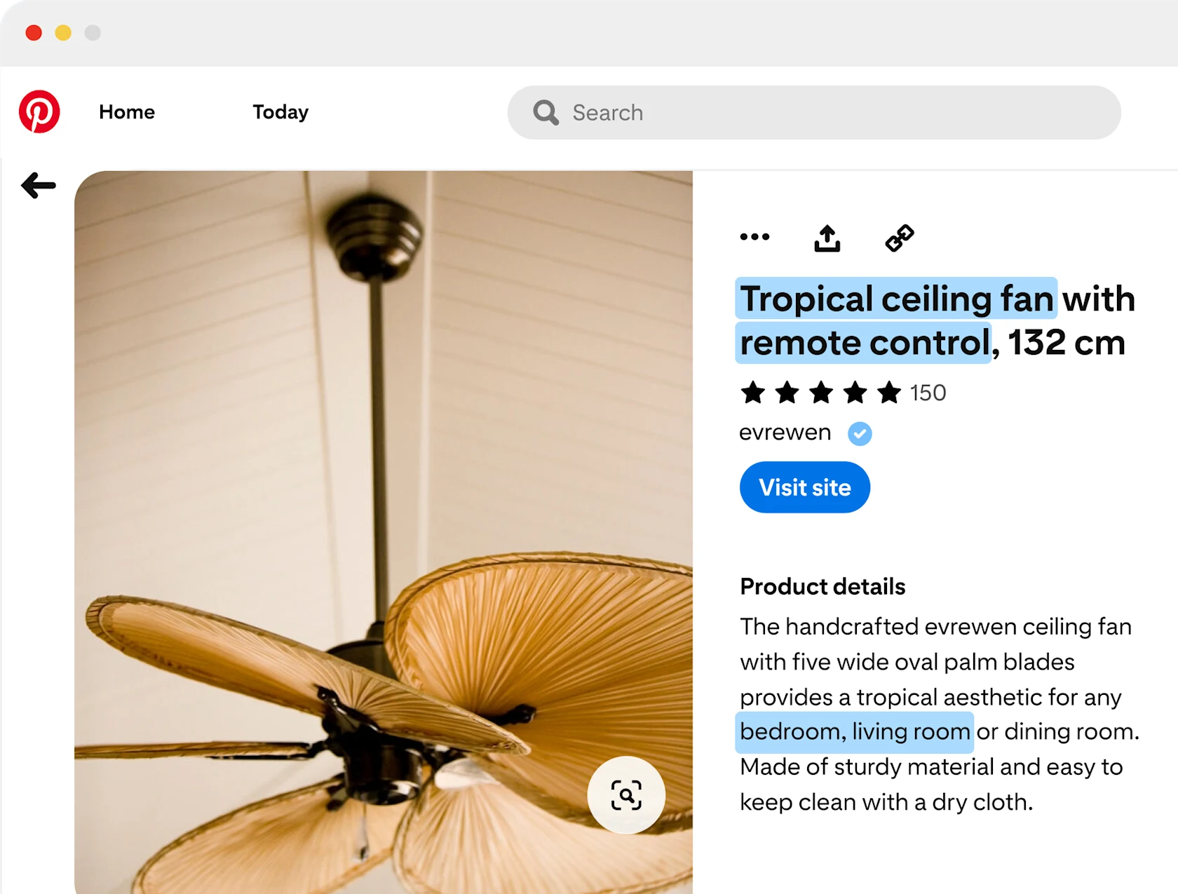 An advertisement for a tropical ceiling fan displayed on a computer screen within Pinterest. The ad highlights specific keywords that describe features of the fan to emphasise the importance of keywords in product feeds.