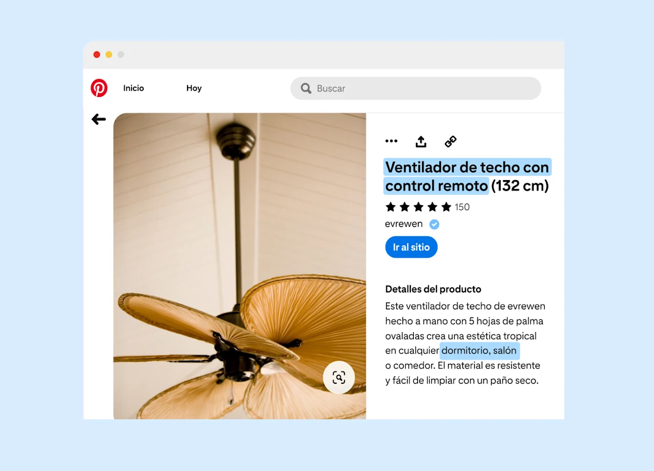 Un anuncio en Pinterest de un ventilador de techo de estilo tropical que se muestra en la pantalla de una computadora. Se destacan palabras clave que describen las características del ventilador para enfatizar su importancia en los feeds de productos.