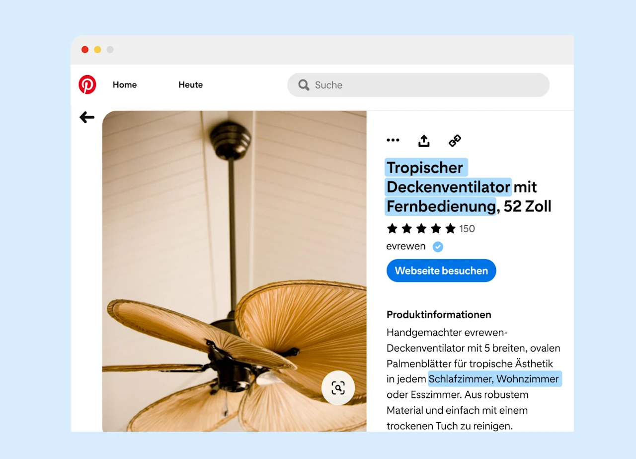 Anzeige in Pinterest auf einem Computermonitor für einen Deckenventilator im tropischen Stil. Einzelne Keywords, die Merkmale des Ventilators beschreiben, sind hervorgehoben, um die Bedeutung von Keywords in Produktfeeds zu demonstrieren.