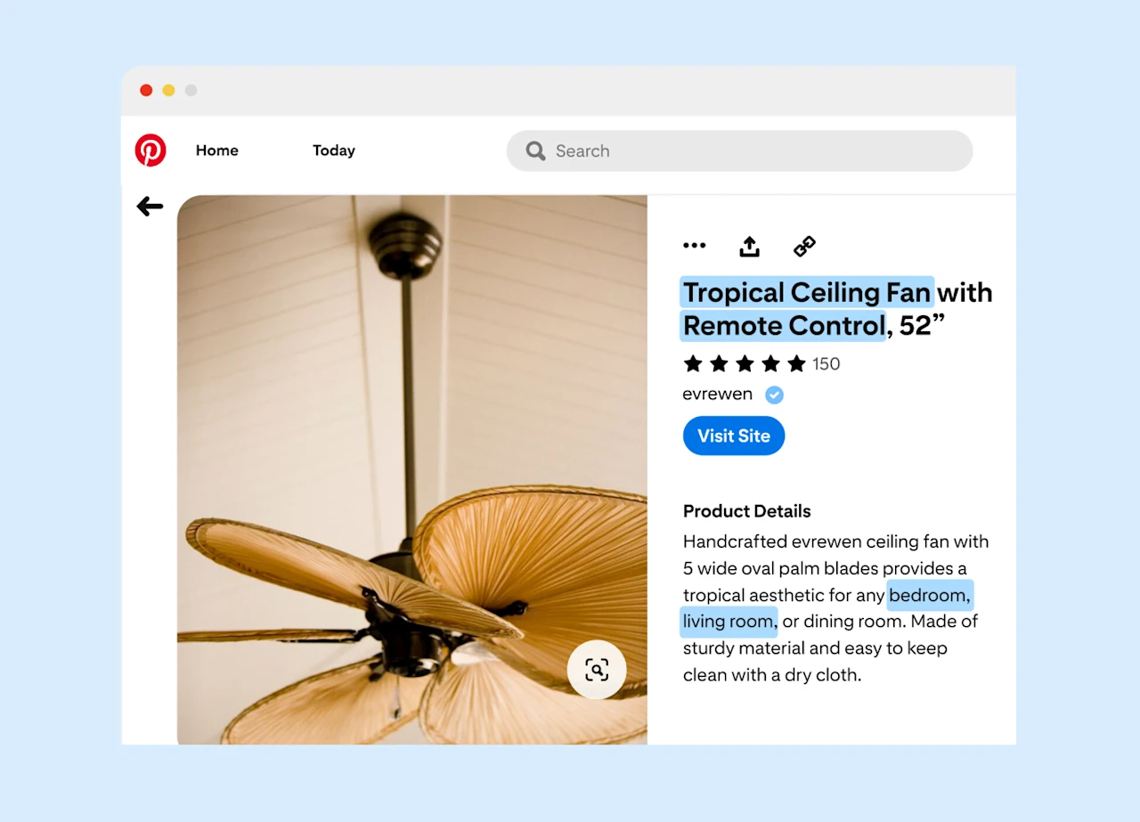 An advertisement for a tropical ceiling fan displayed on a computer screen within Pinterest. The ad highlights specific keywords that describe features of the fan to emphasize the importance of keywords in product feeds.