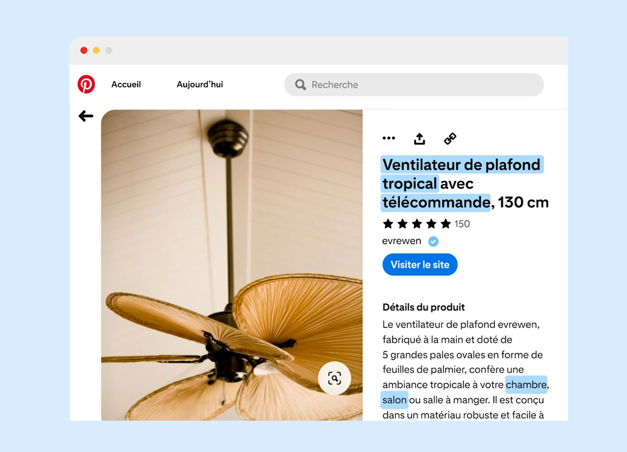 Une annonce pour un ventilateur de plafond tropical sur Pinterest, affichée sur un écran d’ordinateur. On y voit plusieurs mots-clés relatifs aux caractéristiques du ventilateur surlignés, montrant l’importance des mots-clés dans les pages de produits.