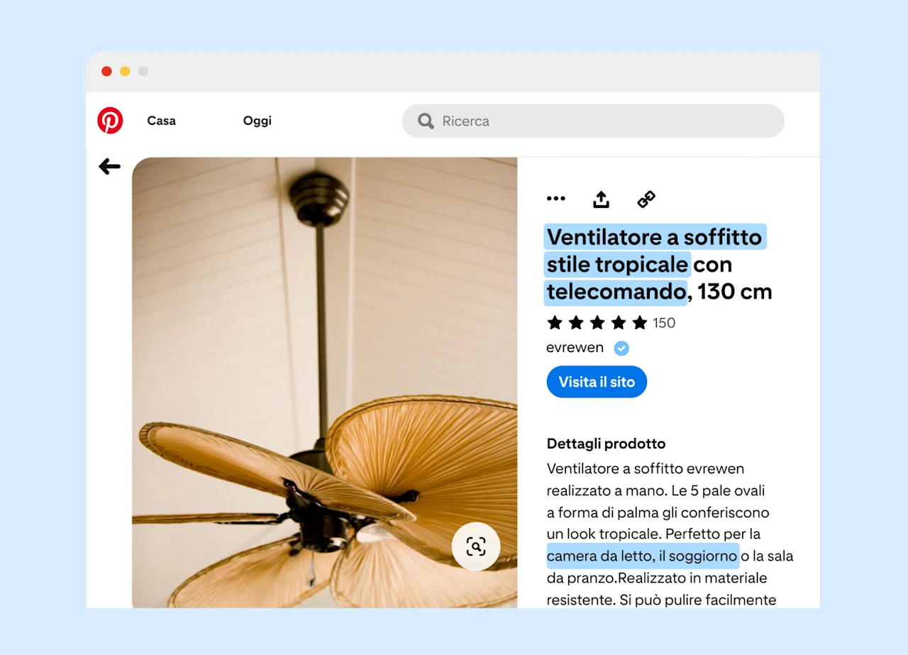 Un annuncio per un ventilatore tropicale a soffitto su Pinterest mostrata sullo schermo di un computer. Nell'annuncio sono messe in evidenza particolari parole chiave per sottolineare la loro importanza nei feed prodotti.