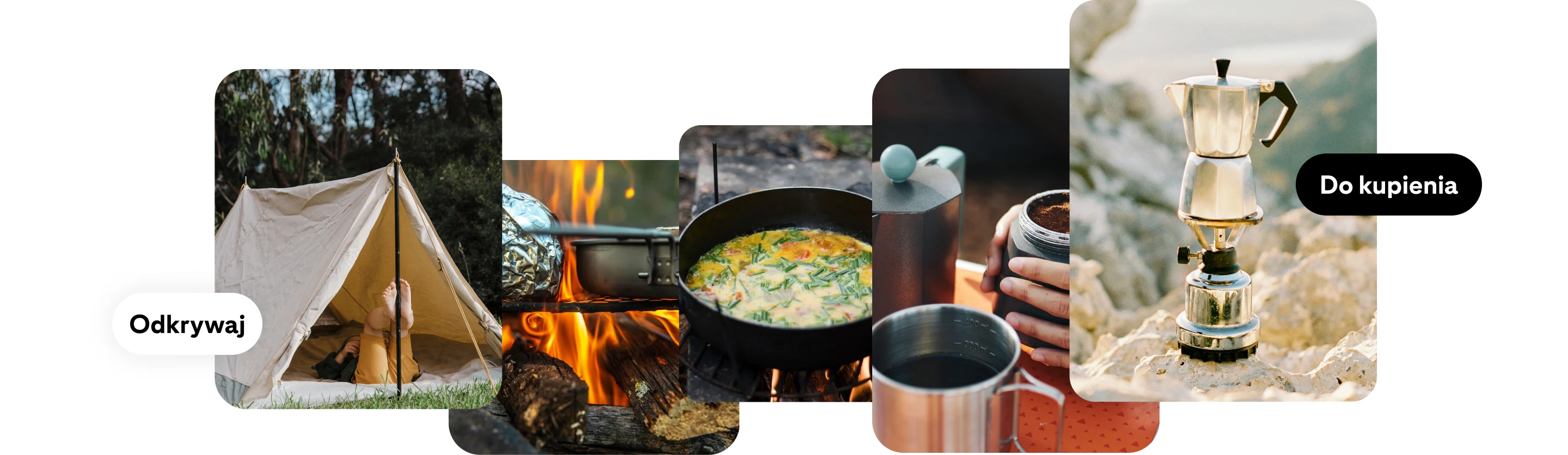 Kolaż zdjęć przygód na świeżym powietrzu, przedstawiający namiot w lesie, gotowanie na ognisku i przenośny ekspres do kawy na piaszczystej plaży z przyciskami „Odkrywaj” i „Kupuj”.